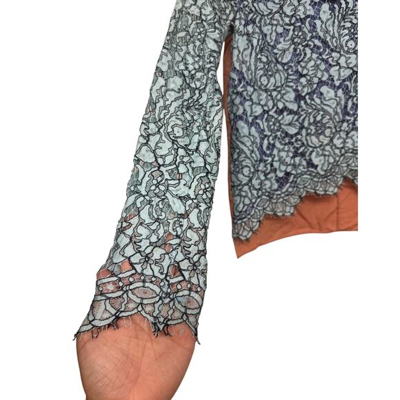 Carven Lace Long Sleeve Top Size 34 US 2 Blue Teal Overlay Peach Lining Back Zip - Picture 4 of 9